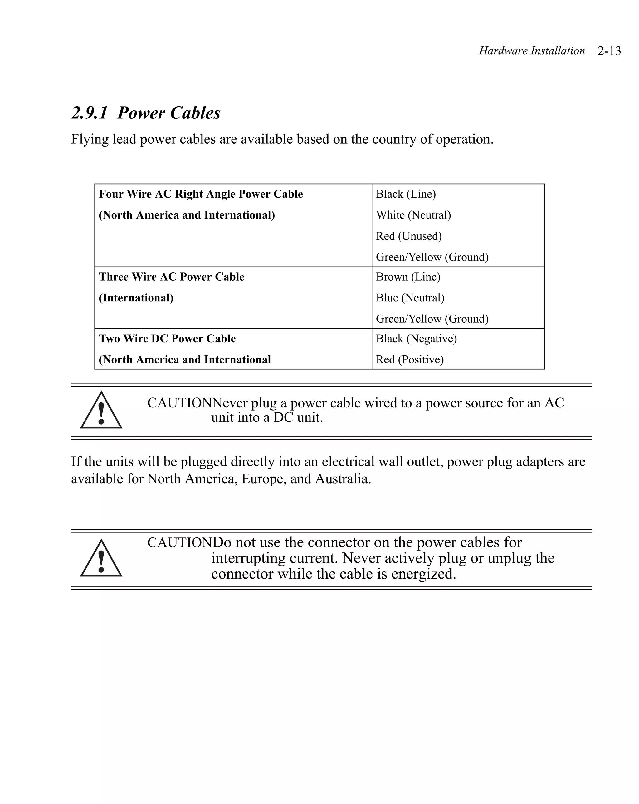 Hardware Installation   2-13



2.9.1 Power Cables
Flying lead power cables are available based on the country of operation.


    Four Wire AC Right Angle Power Cable               Black (Line)
    (North America and International)                  White (Neutral)
                                                       Red (Unused)
                                                       Green/Yellow (Ground)
    Three Wire AC Power Cable                          Brown (Line)
    (International)                                    Blue (Neutral)
                                                       Green/Yellow (Ground)
    Two Wire DC Power Cable                            Black (Negative)
    (North America and International                   Red (Positive)


             CAUTIONNever plug a power cable wired to a power source for an AC
    !               unit into a DC unit.


If the units will be plugged directly into an electrical wall outlet, power plug adapters are
available for North America, Europe, and Australia.



             CAUTIONDo not use the connector on the power cables for
    !                    interrupting current. Never actively plug or unplug the
                         connector while the cable is energized.
 