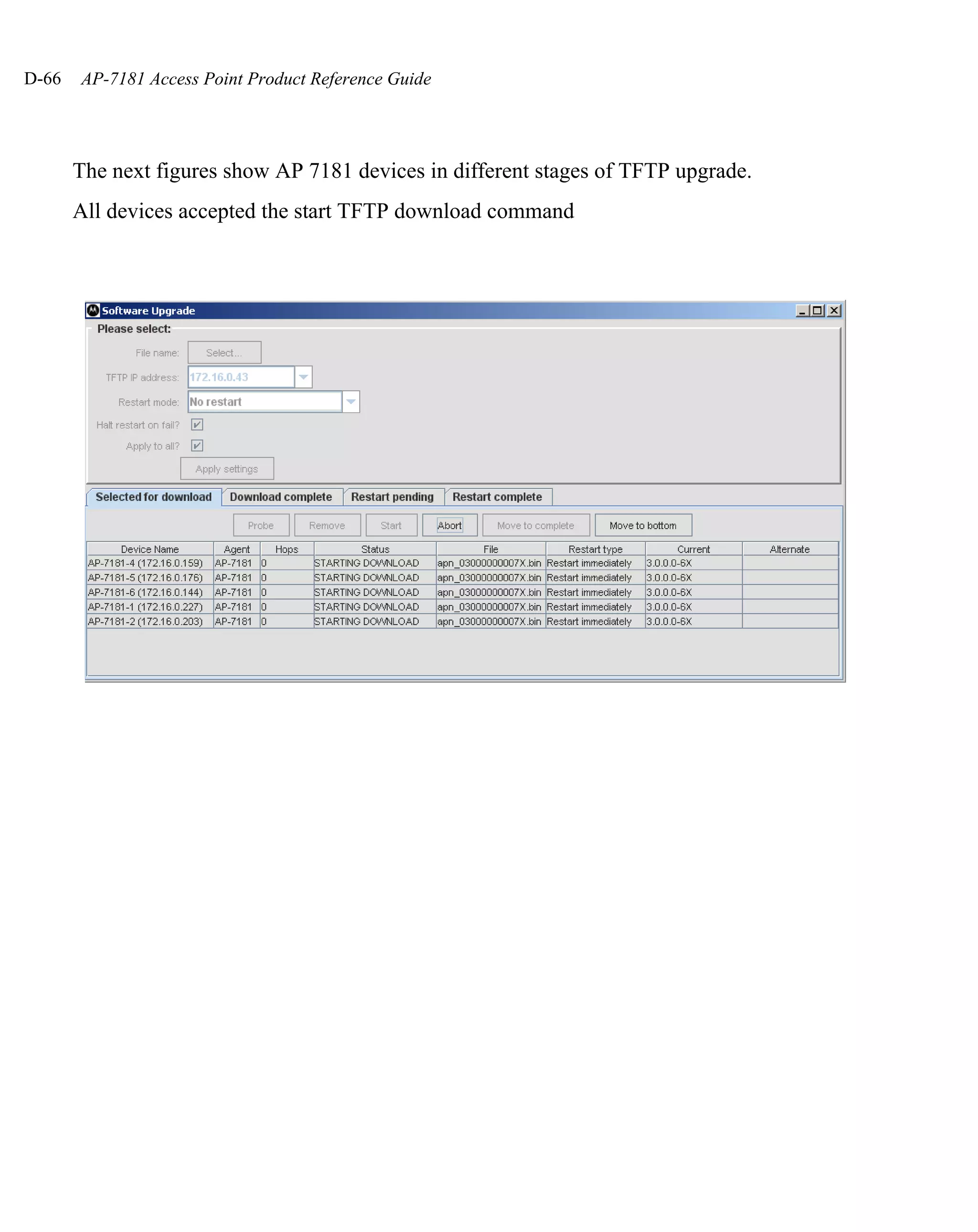 D-66   AP-7181 Access Point Product Reference Guide




       The next figures show AP 7181 devices in different stages of TFTP upgrade.
       All devices accepted the start TFTP download command
 