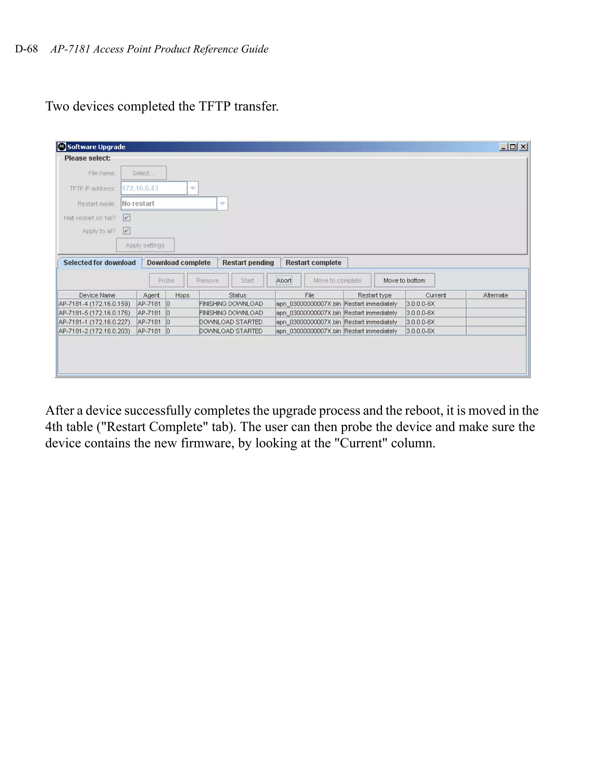D-68   AP-7181 Access Point Product Reference Guide




       Two devices completed the TFTP transfer.




       After a device successfully completes the upgrade process and the reboot, it is moved in the
       4th table ("Restart Complete" tab). The user can then probe the device and make sure the
       device contains the new firmware, by looking at the "Current" column.
 
