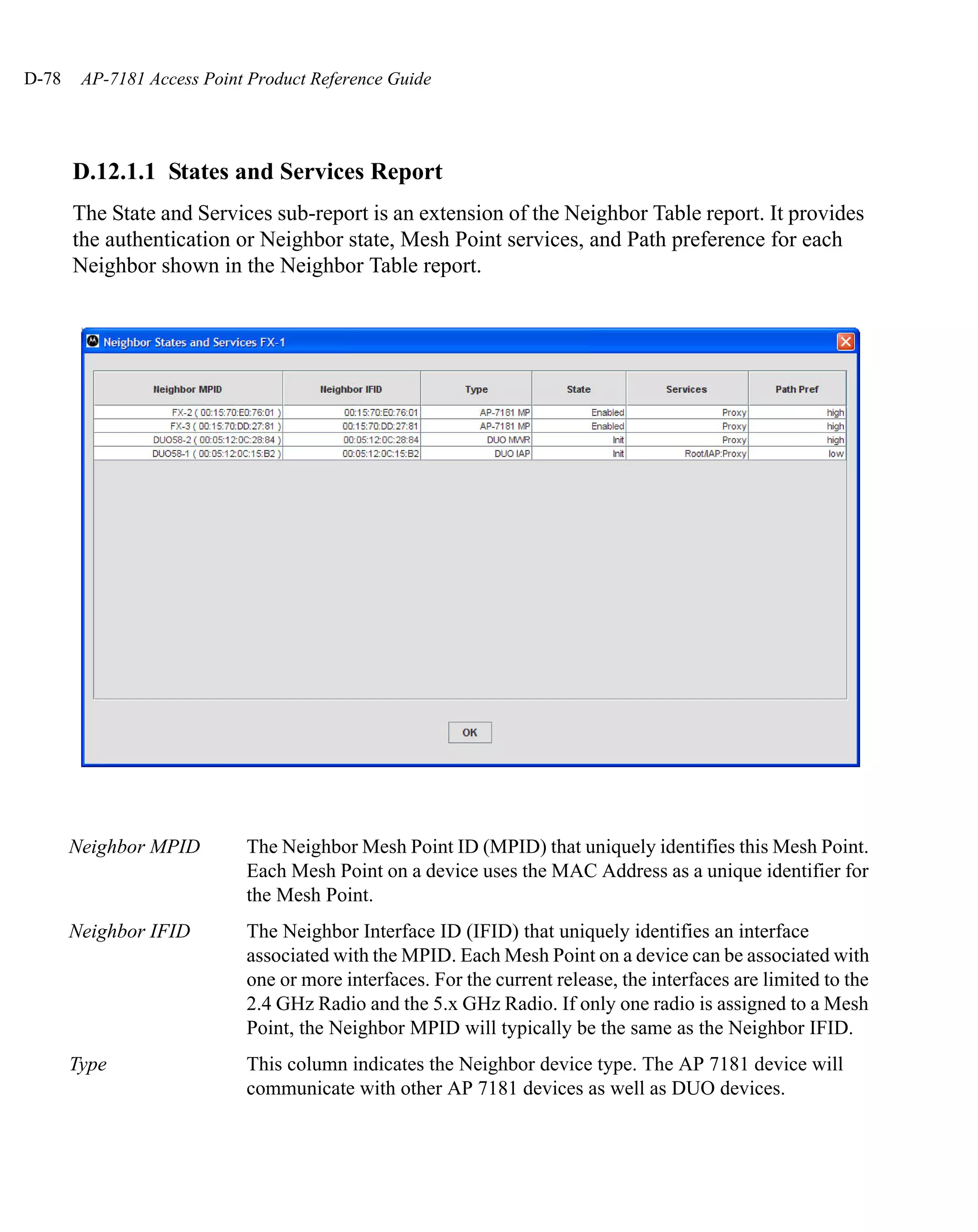 D-78    AP-7181 Access Point Product Reference Guide




       D.12.1.1 States and Services Report
       The State and Services sub-report is an extension of the Neighbor Table report. It provides
       the authentication or Neighbor state, Mesh Point services, and Path preference for each
       Neighbor shown in the Neighbor Table report.




       Neighbor MPID        The Neighbor Mesh Point ID (MPID) that uniquely identifies this Mesh Point.
                            Each Mesh Point on a device uses the MAC Address as a unique identifier for
                            the Mesh Point.
       Neighbor IFID        The Neighbor Interface ID (IFID) that uniquely identifies an interface
                            associated with the MPID. Each Mesh Point on a device can be associated with
                            one or more interfaces. For the current release, the interfaces are limited to the
                            2.4 GHz Radio and the 5.x GHz Radio. If only one radio is assigned to a Mesh
                            Point, the Neighbor MPID will typically be the same as the Neighbor IFID.
       Type                 This column indicates the Neighbor device type. The AP 7181 device will
                            communicate with other AP 7181 devices as well as DUO devices.
 
