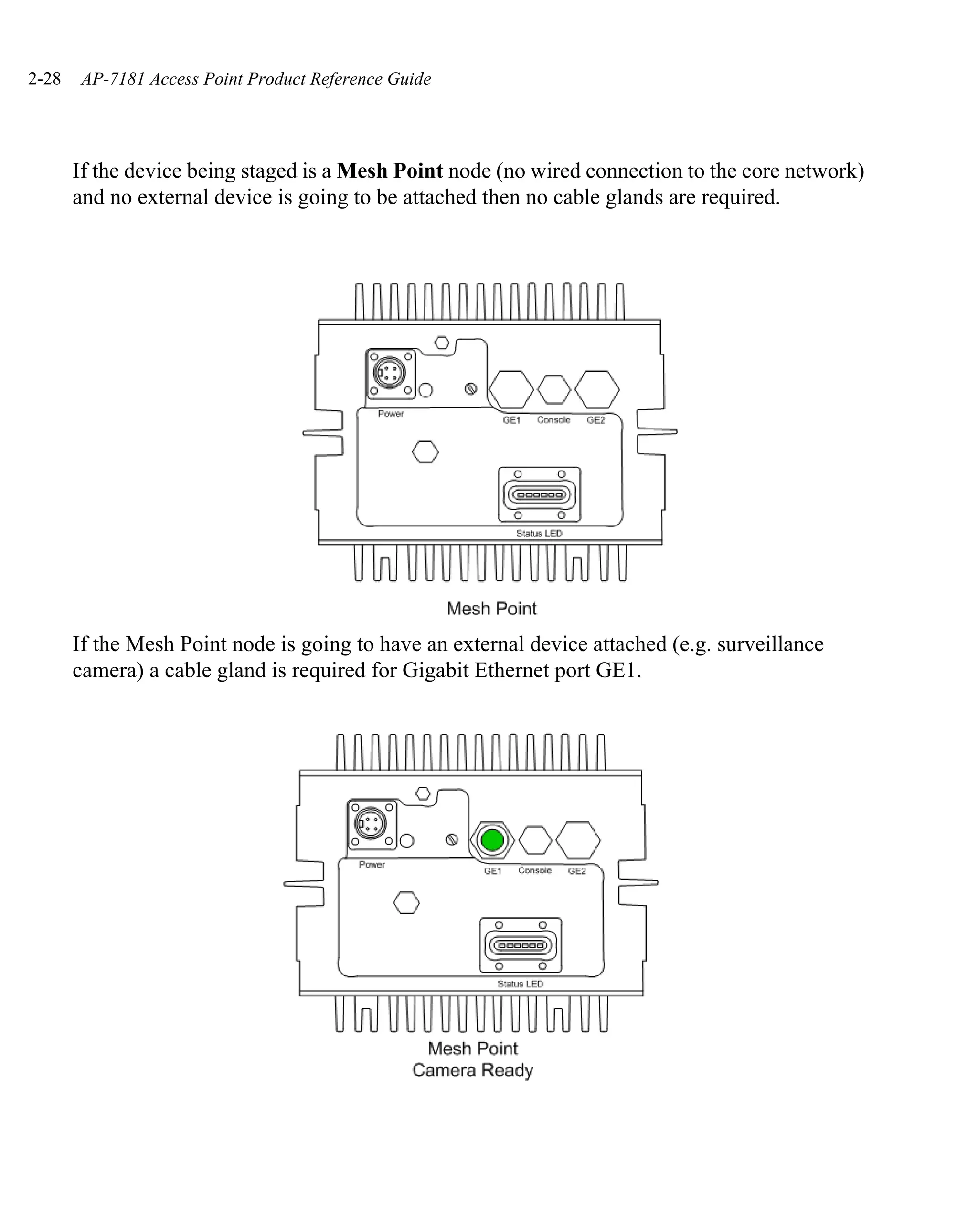2-28   AP-7181 Access Point Product Reference Guide




       If the device being staged is a Mesh Point node (no wired connection to the core network)
       and no external device is going to be attached then no cable glands are required.




       If the Mesh Point node is going to have an external device attached (e.g. surveillance
       camera) a cable gland is required for Gigabit Ethernet port GE1.
 