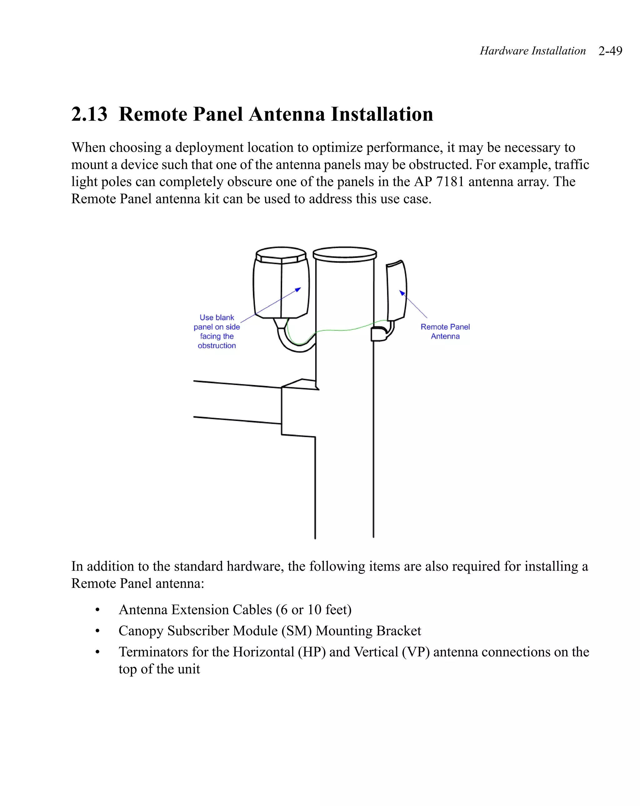 Hardware Installation   2-49




2.13 Remote Panel Antenna Installation
When choosing a deployment location to optimize performance, it may be necessary to
mount a device such that one of the antenna panels may be obstructed. For example, traffic
light poles can completely obscure one of the panels in the AP 7181 antenna array. The
Remote Panel antenna kit can be used to address this use case.




In addition to the standard hardware, the following items are also required for installing a
Remote Panel antenna:
    •   Antenna Extension Cables (6 or 10 feet)
    •   Canopy Subscriber Module (SM) Mounting Bracket
    •   Terminators for the Horizontal (HP) and Vertical (VP) antenna connections on the
        top of the unit
 