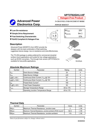 Advanced Power N-CHANNEL ENHANCEMENT MODE
Electronics Corp. POWER MOSFET
▼ Low On-resistance BVDSS 25V
▼ Simple Drive Requirement RDS(ON) 9mΩ
▼ Fast Switching Characteristic ID 57A
▼ RoHS Compliant & Halogen-Free
Description
□
Absolute Maximum Ratings
Symbol Units
VDS V
VGS V
ID@TC=25℃ A
ID@TC=100℃ A
IDM A
PD@TC=25℃ W
TSTG ℃
TJ ℃
Symbol Value Units
Rthj-c Maximum Thermal Resistance, Junction-case 3 ℃/W
Rthj-a 62.5 ℃/W
Rthj-a Maximum Thermal Resistance, Junction-ambient 110 ℃/W
Data & specifications subject to change without notice
Storage Temperature Range
Operating Junction Temperature Range
-55 to 175
-55 to 175
Thermal Data
Parameter
Maximum Thermal Resistance, Junction-ambient (PCB mount)
3
201003022
1
Total Power Dissipation
Gate-Source Voltage +20
Continuous Drain Current, VGS @ 10V 57
Continuous Drain Current, VGS @ 10V 40
Pulsed Drain Current1
Parameter Rating
Drain-Source Voltage 25
AP73T02GH/J-HF
50
Halogen-Free Product
160
G
D
S
TO-252(H)
The TO-252 package is widely preferred for commercial-industrial
surface mount applications and suited for low voltage applications
such as DC/DC converters. The through-hole version (AP73T02GJ) is
available for low-profile applications.
G
D
S
Advanced Power MOSFETs from APEC provide the
designer with the best combination of fast switching,
ruggedized device design, low on-resistance and cost-effectiveness.
G
D
S TO-251(J)
 