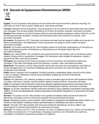 52 Ponto de Acesso AP-7562
5.12 Descarte de Equipamentos Eletroeletrônicos (WEEE)
English: For EU Customers: All products at the end of their life must be returned to Zebra for recycling. For
information on how to return product, please go to: www.zebra.com/weee.
Français: Clients de l'Union Européenne: Tous les produits en fin de cycle de vie doivent être retournés à Zebra
pour recyclage. Pour de plus amples informations sur le retour de produits, consultez: www.zebra.com/weee.
Español: Para clientes en la Unión Europea: todos los productos deberán entregarse a Zebra al final de su ciclo
de vida para que sean reciclados. Si desea más información sobre cómo devolver un producto, visite:
www.zebra.com/weee.
Български: За клиенти от ЕС: След края на полезния им живот всички продукти трябва да се връщат на
Zebra за рециклиране. За информация относно връщането на продукти, моля отидете на адрес:
www.zebra.com/weee.
Deutsch: Für Kunden innerhalb der EU: Alle Produkte müssen am Ende ihrer Lebensdauer zum Recycling an
Zebra zurückgesandt werden. Informationen zur Rücksendung von Produkten finden Sie unter
www.zebra.com/weee.
Italiano: per i clienti dell'UE: tutti i prodotti che sono giunti al termine del rispettivo ciclo di vita devono essere
restituiti a Zebra al fine di consentirne il riciclaggio. Per informazioni sulle modalità di restituzione, visitare il
seguente sito Web: www.zebra.com/weee.
Português: para clientes da UE: todos os produtos no fim de vida devem ser devolvidos à Zebra para
reciclagem. Para obter informações sobre como devolver o produto, visite: www.zebra.com/weee.
Nederlands: Voor klanten in de EU: alle producten dienen aan het einde van hun levensduur naar Zebra te
worden teruggezonden voor recycling. Raadpleeg www.zebra.com/weee voor meer informatie over het
terugzenden van producten.
Polski: Klienci z obszaru Unii Europejskiej: Produkty wycofane z eksploatacji należy zwrócić do firmy Zebra
w celu ich utylizacji. Informacje na temat zwrotu produktów znajdują się na stronie internetowej
www.zebra.com/weee.
Čeština: Pro zákazníky z EU: Všechny produkty je nutné po skonèení jejich životnosti vrátit spoleènosti Zebra
k recyklaci. Informace o zpùsobu vrácení produktu najdete na webové stránce: www.zebra.com/weee.
Eesti: EL klientidele: kõik tooted tuleb nende eluea lõppedes tagastada taaskasutamise eesmärgil Zebra 'ile.
Lisainformatsiooni saamiseks toote tagastamise kohta külastage palun aadressi: www.zebra.com/weee.
Magyar: Az EU-ban vásárlóknak: Minden tönkrement terméket a Zebra vállalathoz kell eljuttatni újrahasznosítás
céljából. A termék visszajuttatásának módjával kapcsolatos tudnivalókért látogasson el a www.zebra.com/weee
weboldalra.
Svenska: För kunder inom EU: Alla produkter som uppnått sin livslängd måste returneras till Zebra för
återvinning. Information om hur du returnerar produkten finns på www.zebra.com/weee.
Suomi: Asiakkaat Euroopan unionin alueella: Kaikki tuotteet on palautettava kierrätettäväksi Zebra-yhtiöön, kun
tuotetta ei enää käytetä. Lisätietoja tuotteen palauttamisesta on osoitteessa www.zebra.com/weee.
Dansk: Til kunder i EU: Alle produkter skal returneres til Zebra til recirkulering, når de er udtjent. Læs
oplysningerne om returnering af produkter på: www.zebra.com/weee.
Ελληνικά: Για πελάτες στην Ε.Ε.: Όλα τα προϊόντα, στο τέλος της διάρκειας ζωής τους, πρέπει να επιστρέφονται
στην Zebra για ανακύκλωση. Για περισσότερες πληροφορίες σχετικά με την επιστροφή ενός προϊόντος,
επισκεφθείτε τη διεύθυνση www.zebra.com/weee στο ∆ιαδίκτυο.
 