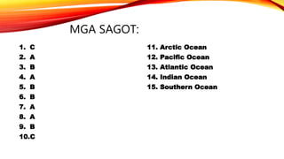 MGA SAGOT:
1. C 11. Arctic Ocean
2. A 12. Pacific Ocean
3. B 13. Atlantic Ocean
4. A 14. Indian Ocean
5. B 15. Southern Ocean
6. B
7. A
8. A
9. B
10.C
 