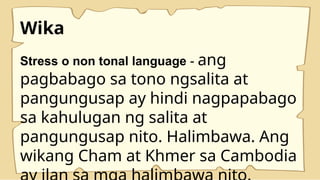 Wika
Stress o non tonal language - ang
pagbabago sa tono ngsalita at
pangungusap ay hindi nagpapabago
sa kahulugan ng salita at
pangungusap nito. Halimbawa. Ang
wikang Cham at Khmer sa Cambodia
 