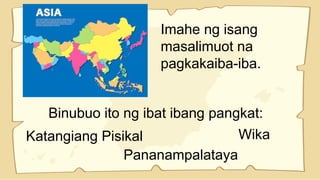 Imahe ng isang
masalimuot na
pagkakaiba-iba.
Binubuo ito ng ibat ibang pangkat:
Katangiang Pisikal Wika
Pananampalataya
 