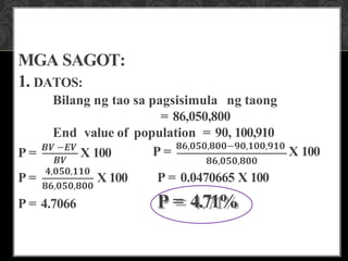 MGA SAGOT:
1. DATOS:
Bilang ng tao sa pagsisimula ng taong
= 86,050,800
End value of population = 90, 100,910
P = 𝑩𝑽 −𝑬𝑽
X 100 P = 𝟖𝟔,𝟎𝟓𝟎,𝟖𝟎𝟎−𝟗𝟎,𝟏𝟎𝟎,𝟗𝟏𝟎
X 100
P =
𝑩𝑽
𝟒,𝟎𝟓𝟎,𝟏𝟏𝟎
𝟖𝟔,𝟎𝟓𝟎,𝟖𝟎𝟎
X 100
P = 4.7066
𝟖𝟔,𝟎𝟓𝟎,𝟖𝟎𝟎
P = 0.0470665 X 100
P = 4.71%
 