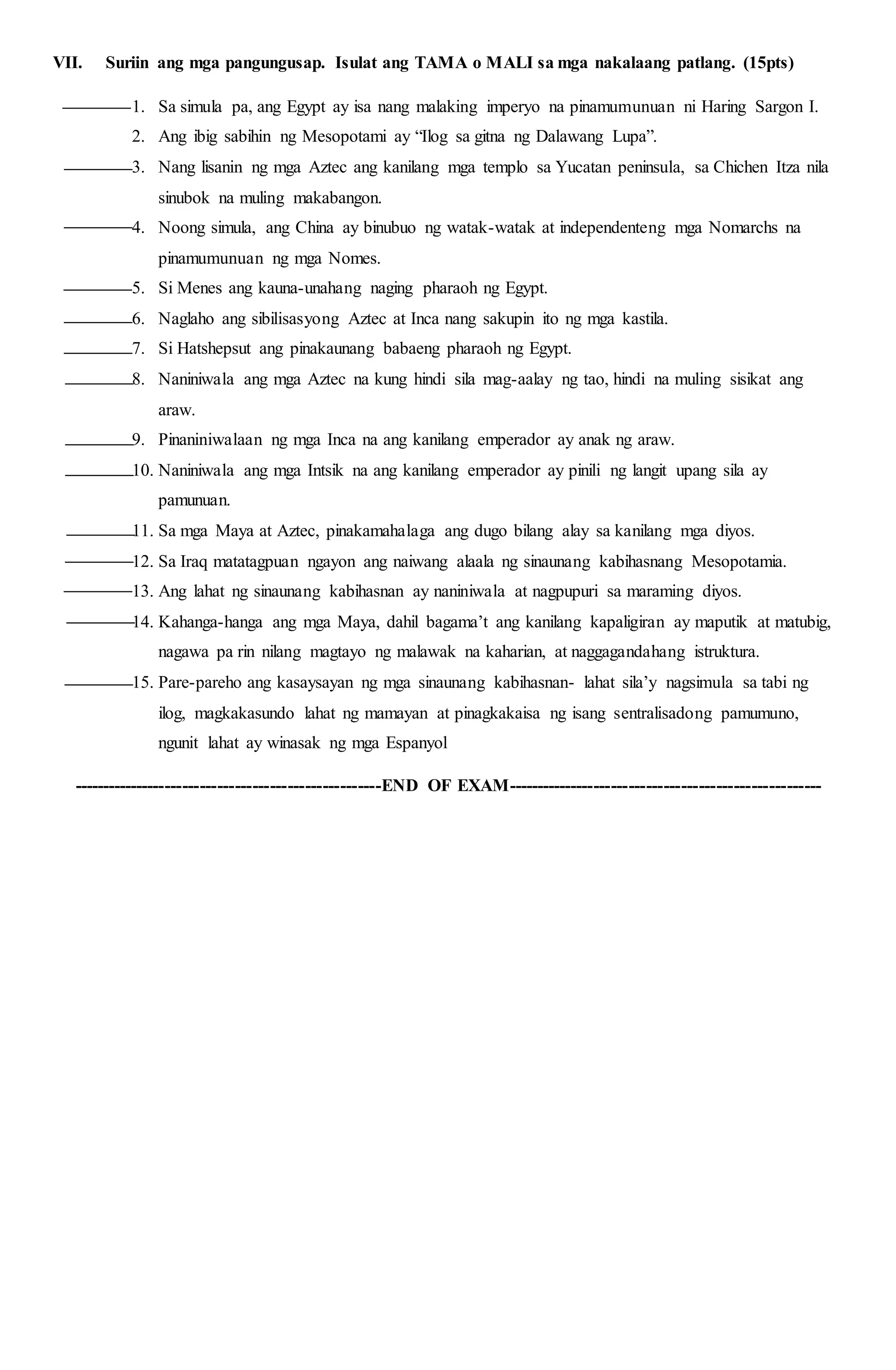 ARALING PANLIPUNAN 8 EXAM FIRST QUARTER | DOCX