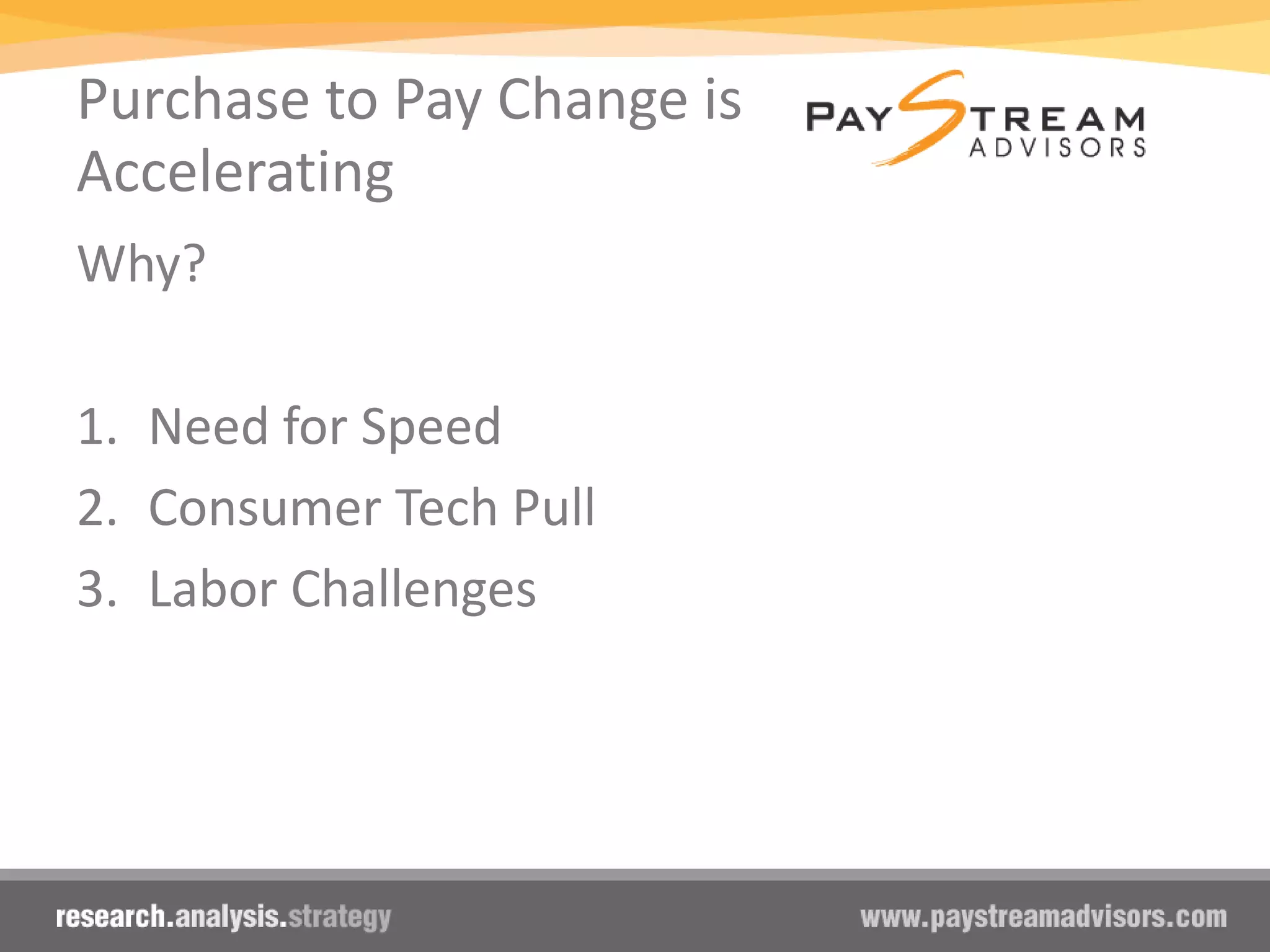 Purchase to Pay Change is
Accelerating
Why?
1. Need for Speed
2. Consumer Tech Pull
3. Labor Challenges
 