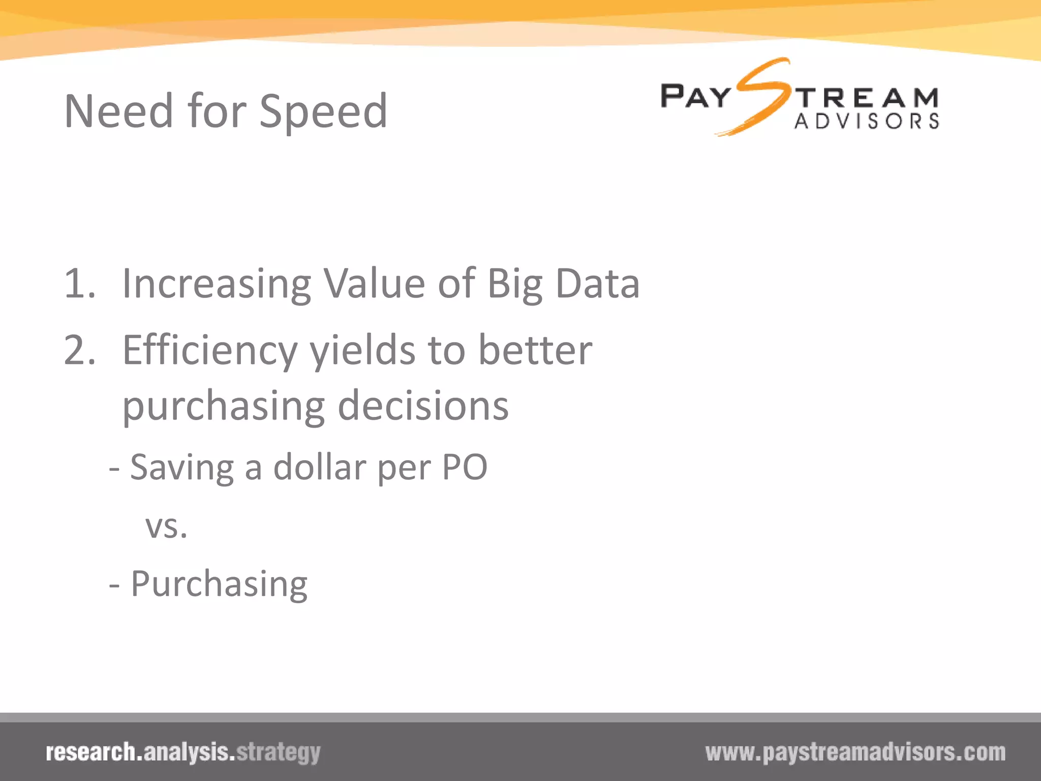 Need for Speed
1. Increasing Value of Big Data
2. Efficiency yields to better
purchasing decisions
- Saving a dollar per PO
vs.
- Purchasing
 