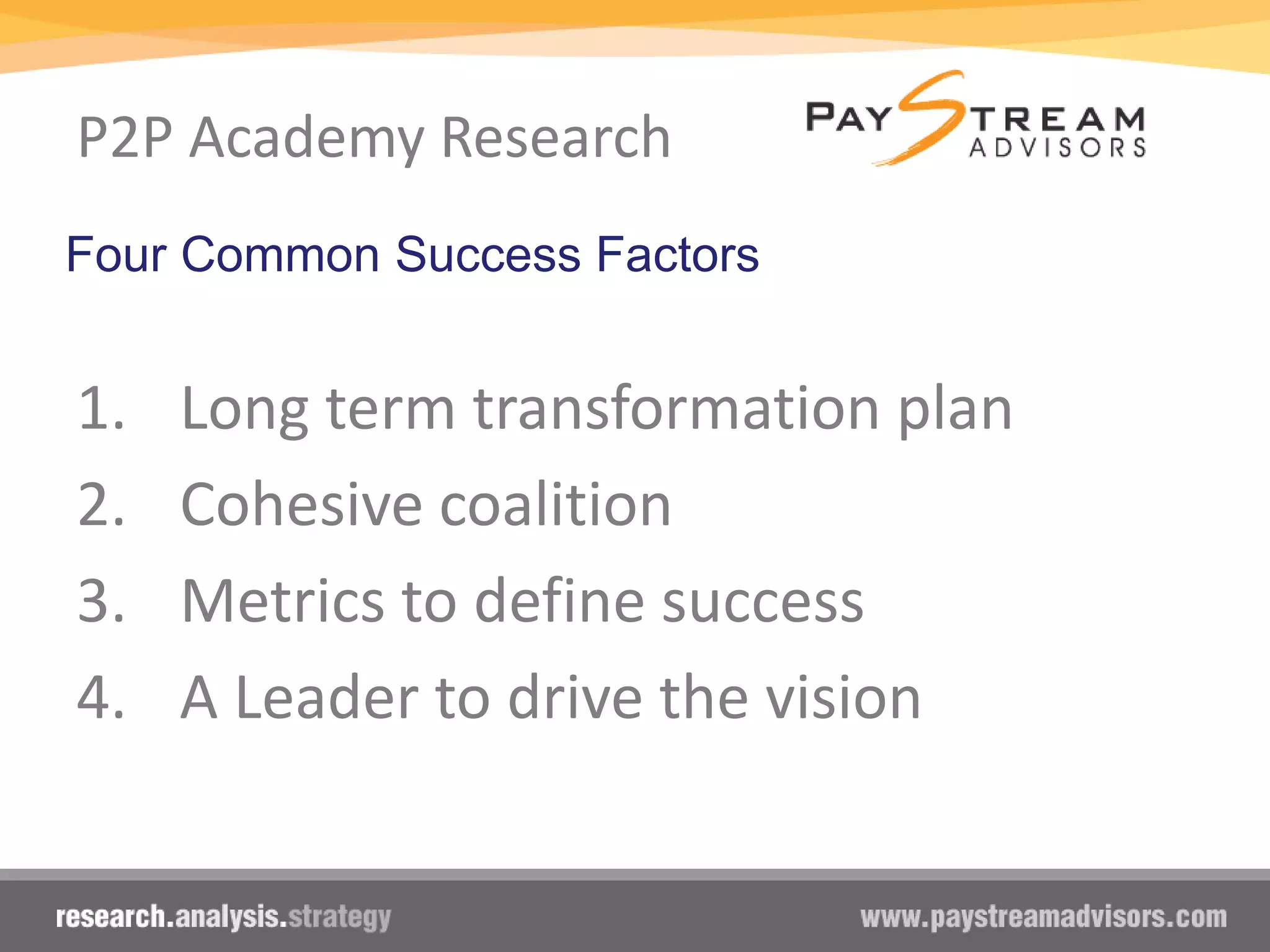 P2P Academy Research
1. Long term transformation plan
2. Cohesive coalition
3. Metrics to define success
4. A Leader to drive the vision
Four Common Success Factors
 