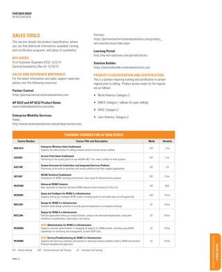Product overview/Benefits

Target Market/Applications
Uncovering opportunities

Qualifying Questions

Support services

Global Services

Materials/classification/training

Sal es Tools

Sales and reference materials

Features/Benefits

Solution Builder:
https://solutionbuilder.motorolasolutions.com

Key Selling Points

First Customer Shipment (FCS): 12/2/13
General Availability (Rev A): 12/16/13

Configurations/Accessories

Key dates

Learning Portal:
http://my.mot-solutions.com/portal/site/mu

BUSINESS PROPOSITION

This section details the product classification, where
you can find additional information, available training
and certification programs, and dates of availability.

Partners:
https://partnercentral.motorolasolutions.com/product_
services/services/index.aspx

Market Opportunity

Sales tools

Executive Summary

partner brief
AP 8222/AP 8232

Product classification and certification

For the latest information and sales support materials,
please visit the following resources:
Partner Central:
https://partnercentral.motorolasolutions.com

This is a product requiring training and certification in certain
regions prior to selling. Product access codes for the regions
are as follows:
•	 North America: Category 2
•	 EMEA: Category 1 (allows for open selling)

AP 8222 and AP 8232 Product Home:
www.motorolasolutions.com/wlan

•	 APAC: Category 2

Enterprise Mobility Services:
Public:
http://www.motorolasolutions.com/enterprise/services

•	 Latin America: Category 2

Training Courses for AP 8200 Series
Course Number

Course Title and Description

Mode

Duration

WSE1614

Enterprise Wireless Sales Enablement
Supports the sales process for selling wireless solutions across various markets

OLT

2 hrs

ASE0201

Access Point Sales Enablement
Positioning of the access points for use whether 802.11ac, indoor, outdoor or multi-purpose

OLT

1 hrs

AAE1304

System Overview for Controllers and Integrated Services Platform
Positioning of the suite of controllers and service platforms and their targeted applications

OLT

1 hr

AEE1607

WLAN Technical Enablement
Foundations for WiNG including architectures, basic setup for demonstration purposes

OLT

3 hrs

WLN1003

Advanced WiNG Features
New repository for learning individual WiNG features across releases (5.3 thru 5.5)

OLT

N/A

WLN2001

Setup and Configure for WiNG 5.x Infrastructure
Supports setting up a complete WiNG system including hands-on simulated labs and self-paced labs

VILT

10 hrs

WEL2307

Design for WiNG 5.x Infrastructure
Scenario based design activities to provide practical experience in all aspects of design

ILT

16 hrs

WEL2304

Deploy for WiNG 5.x Infrastructure
Practical application setting up virtual controller, campus and centralized deployments, along with
installation considerations, optimization, and testing

ILT

20 hrs

WLN2004

NEW: Administration for WiNG 5.x Infrastructure
Supports customer administrators in managing all aspects of a WING system, including using WiNG
capabilities for monitoring and management, as well ADSP tools

ILT

16 hrs

WLN2005

NEW: Service/Troubleshooting for WiNG 5.x Infrastructure
Supports self-servicing customers and partners in resolving common problems within a WiNG environment.
Practical examples and application.

ILT

24 hrs

OLT – Online training
PAGE 13

VILT – Virtual Instructor Led Training

ILT – Instructor Led Training

 