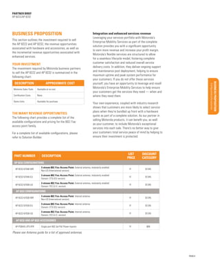Product overview/Benefits

Target Market/Applications

Configurations/Accessories
Features/Benefits
Uncovering opportunities

Support services

Available at no cost

Certification Costs

None

Demo Units

Available for purchase

The many revenue opportunities
The following chart provides a complete list of the
available configurations and pricing for the 802.11ac
access point family.
For a complete list of available configurations, please
refer to Solution Builder.

Part Number

Your own experience, coupled with industry research
shows that customers are more likely to select service
plans when they’re bundled up front with a hardware
quote as part of a complete solution. As our partner in
selling Motorola products, it can benefit you, as well
as your customer, to include Motorola’s exceptional
services into each sale. There’s no better way to give
your customers total service peace of mind by helping to
ensure their investment is protected.

Description

List
Price

Sales Tools

Motorola Sales Tools

Materials/classification/training

Approximate Cost

Global Services

Description

Qualifying Questions

The investment required by Motorola business partners
to sell the AP 8222 and AP 8232 is summarized in the
following chart:

Key Selling Points

Your investment

BUSINESS PROPOSITI ON

This section outlines the investment required to sell
the AP 8222 and AP 8232, the revenue opportunities
associated with hardware and accessories, as well as
the incremental revenue opportunities associated with
enhanced services.

Integration and enhanced services revenue
Leveraging your services portfolio with Motorola’s
Enterprise Mobility Services as part of the complete
solution provides you with a significant opportunity
to earn more revenue and increase your profit margin.
Motorola’s flexible services are structured to allow
for a seamless lifecycle model, fostering complete
customer satisfaction and reduced overall service
delivery costs. In addition, they deliver ongoing support
and maintenance post deployment, helping to ensure
maximum uptime and peak system performance for
your customers. If you do not offer these services
yourself, you have an opportunity to leverage and resell
Motorola’s Enterprise Mobility Services to help ensure
your customers get the services they need — when and
where they need them.

Market Opportunity

Business proposition

Executive Summary

partner brief
AP 8222/AP 8232

Discount
Category

AP 8232 configurations
AP-8232-67040-WR

3-stream 802.11ac Access Point. External antenna, modularity enabled
Non-US (International version)

1F

$1345

AP-8232-67040-EU

3-stream 802.11ac Access Point. External antenna, modularity enabled
Domain: ETSI (EU version)

1F

$1345

AP-8232-67040-US

3-stream 802.11ac Access Point. External antenna, modularity enabled
Domain: FCC (U.S. version)

1F

$1345

AP 8222 configurations
AP-8222-67030-WR

3-stream 802.11ac Access Point. Internal antenna
Non-US (International version)

1F

$1245

AP-8222-67030-EU

3-stream 802.11ac Access Point. Internal antenna
Domain: ETSI (EU version)

1F

$1245

AP-8222-67030-US

3-stream 802.11ac Access Point. Internal antenna
Domain: FCC (U.S. version)

1F

$1245

1F

$99

AP 8232 and AP 8222 accessories
AP-PSBIAS-2P3-ATR

Single port 802.3at PoE Power Injector

Please see Antenna guide for a list of approved antennas.

PAGE 6

 