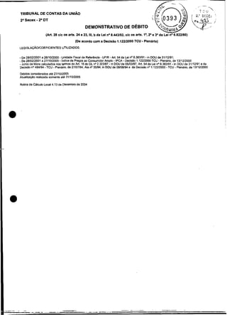 TRIBUNAL DE CONTAS DA UNIAO
                    -
            2' Secex 2' DT

                                                        DEMONSTRATIVO DE DEBITO
                             (ArI. 28 c/c os arts. 24 e 23, 111. b da Lei no8.443192, c/c os atis. I', 2' e 3 da Lei no6.822181
                                                                                                            O

I                                                                                                -
                                                 (De acordo com a Decisão 1.12212000 TCU Plenário)
                                                                                                                                                     I
I       LEGISLAÇÁO/COEFICIENTES UTILIZADOS:
                                                                                                                                                     I
        .                                                                                            -
          De 28/02/2001 a 26/10/2000 - unidade Fiscal de Referenda - UFIR - Ari. 54 da Lei no 8.383191 in DOU de 31/12/91:
                                                                            -      -
        - De 28/02/2001 a 27/10/2005 - indice de Preços ao Consumidor Amplo IPCA Decisão 1.122/2000 TCU - Pienano. de 13/12/2000
                                                                                                                       -
        -Juros de Mora calculados nos temos do Ari. 16 do DL n'2.323187 - in DOU de 05/03/87, Ari. 54 da Lei no8.383/91 in DOU de 31/12/91 e da
        Decisáo n0484/94 - TCU -Plenário. de 27/07/94. Ala no 35/94, in DOU de 08/08/94 e da Decisão no 1.12212000 - TCU - Plenário. de 13/12/2000   I

        D6bilos considerados ate 27/10/2005
        Atualização realizada somente ate 31/10/2005
                                                                                                                                                     ~
                                                                                                                                                     I

        Rotina de ~ l c u l Local 4.13 de Dezembro de 2004

        -
                            o

                                                                                                                                                     ~
                                                                                                                                                     I
                                                                                                                                                     l
                                                                                                                                                     i
                                                                                                                                                     !
                                                                                                                                                     I



    0 .                                                                                                                                              I
                                                                                                                                                     I
                                                                                                                                                     !




    a




                                                             -   -~
                                                                                  -.                     ..   .
                        v.
 