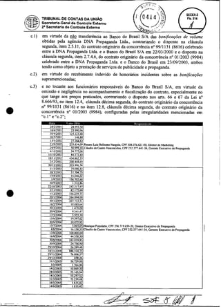 TRIBUNAL DE CONTAS DA UNIÃO
       Secretaria-Geral de Controle Externo
       Za Secretaria de Controle Externo

c.1)   em virtude da g& transferência ao Banco do Brasil S/A das bonificacões de volume
       obtidas pela agência DNA Propaganda Ltda., contrariando o disposto na cláusula
       segunda, item 2.5.1 1, do contrato originário da concorrência no 9911 131 (8616) celebrado
       entre a DNA Propaganda Ltda. e o Banco do Brasil S/A em 22/03/2000 e o disposto na
       cláusula segunda, item 2.7.4.6, do contrato originário da concorrência no 01/2003 (9984)
       celebrado entre a DNA Propaganda Ltda. e o Banco do Brasil em 23/09/2003, ambos
       tendo como objeto a prestação de serviços de publicidade e propaganda.
c.2)   em virtude do recebimento indevido de honorários incidentes sobre as bonzjicações
       supramencionadas;
c.3)   e no tocante aos funcionários responsáveis do Banco do Brasil S/A, em virtude da
       omissão e negligência no acompanhamento e fiscalização do contrato, especialmente no
       que tange aos preços praticados, contrariando o disposto nos arts. 66 e 67 da Lei no
       8.666193, no item 12.4, cláusula dkcima segunda, do contrato originário da concorrência
       no 9911131 (8616) e no item 12.8, cláusula décima segunda, do contrato originário da
       concorrência no 01/2003 (9984), configuradas pelas irregulaxidades mencionadas em
       "c.1" e "c.2";
 