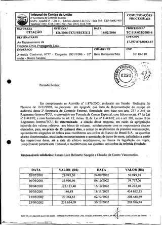 Tribunal de Contas da União
             2" Secretaria de Controle Externo                                                                     PROCESSUAIS
       SAFS - Quadra 04 - Lote 01 - Edificio Anexo I do TCU - Sala 305 - CEP:70042-900
       Telefone: (061) 3316-736917370 - Fax: (061) 3316-7544
NATUREZA                    OF~CIO   N."                       DATA                                              PROCESSO N "
                                                                                                                           .
        crr~çÁo                         12412006-TCUISECEX-2                          16/02/2006                 T C 019.03212005-0
DESTINATARIO                                                                                                     CPFICNPJ
Ao Representante da                                                                                              17.397.07610003-67
Empresa DNA Propaganda Ltda.
ENDEREÇO                                                                          CIDADE I üF                    CEP
Avenida Contorno, 6777 - Conjunto 100111006                         -   10'       Belo Horizonte/MG                    301 10-110
andar - Bairro Savassi




                         Prezado Senhor,




                 Eiri cumprimento ao Adídãv no 1.876;2005, prolatado em Sessão Ordinária do
  Plenário de 1611112005, no processo em epígrafe, que trata de Representação de equipe de
  auditoria desta 2" Secretaria de Controle Externo, formulada com base nos arts. 237 e 246 do
  Regimento InternoITCU, e convertido em Tomada de Contas Especial, com fulcro no art. 47 da Lei
  no 8.443192, e com fundamento no art. 12, inciso 11, da Lei no 8.443192, c/c o art. 202, inciso I1 do
  Regimento IntemomCU, foi determinada a citação dessa empresa, em razão da apropriação
  indevida dos valores relativos aos bônus de volume, solidariamente com os responsáveis abaixo
  elencados, para, no prazo de 15 (quinze) dias, a contar do recebimento da presente comunicação,
  apresentarem alegaçóes de defesa elou recolherem aos cofres do Banco do Brasil SIA, as quantias
  abaixo discriminadas, atualizadas monetariamente e acrescidas de juros de mora, calculados a partir
  das respectivas datas, até a data do efetivo recolhimento, na forma da legislação em vigor,
  comprovando perante este Tribunal, o recolhimento das quantias aos cofres da referida Entidade:


   Responsáveis solidários: Renato Luiz Belinette Naegele e Cláudio de Castro Vasconcelos.




                                                                                                                                          I


                                                                                                                                          ~
                                                                                                                                          i
                                                                                                                                          !
                                                                                                                                          I
                                                                                                                                          I




   S.
    %


    -
        OFI-l24.2-REPR-BANCO


                     .         -                  - -.
                                                            -.
                                                              -         -   -.   ..
                                                                                                   6-.
                               DO BRASIL- ESCPRESA DNA PROPAGANDA LlDA. CTTMÀ0.01W121WIO~REPRLICCMF.B 5 -.SECU~2.CAB.LUCIARC.Dc(lml
                                                                                                            .-

                                                                                                                       ..
                                                                                                                       -
                                                                                                                            .
                                                                                                                                      I



                                                                                                                                          I
 