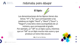 11
EA / Universidad Corporativa
Educación
Adventista
El lápiz:
Las denominaciones de los lápices tienen dos
letras: "H" y "B," que corresponden a las
palabras en inglés "Hard" y "Black" ("Duro" y
"Negro"). Esta letra viene acompañada de un
número, que corresponde al grado.
Por ejemplo, un "2B" es un lápiz suave, mientras
que un "6B" es un lápiz mucho más suave y que
produce un tono más oscuro.
HB y F. Son los híbridos.
 