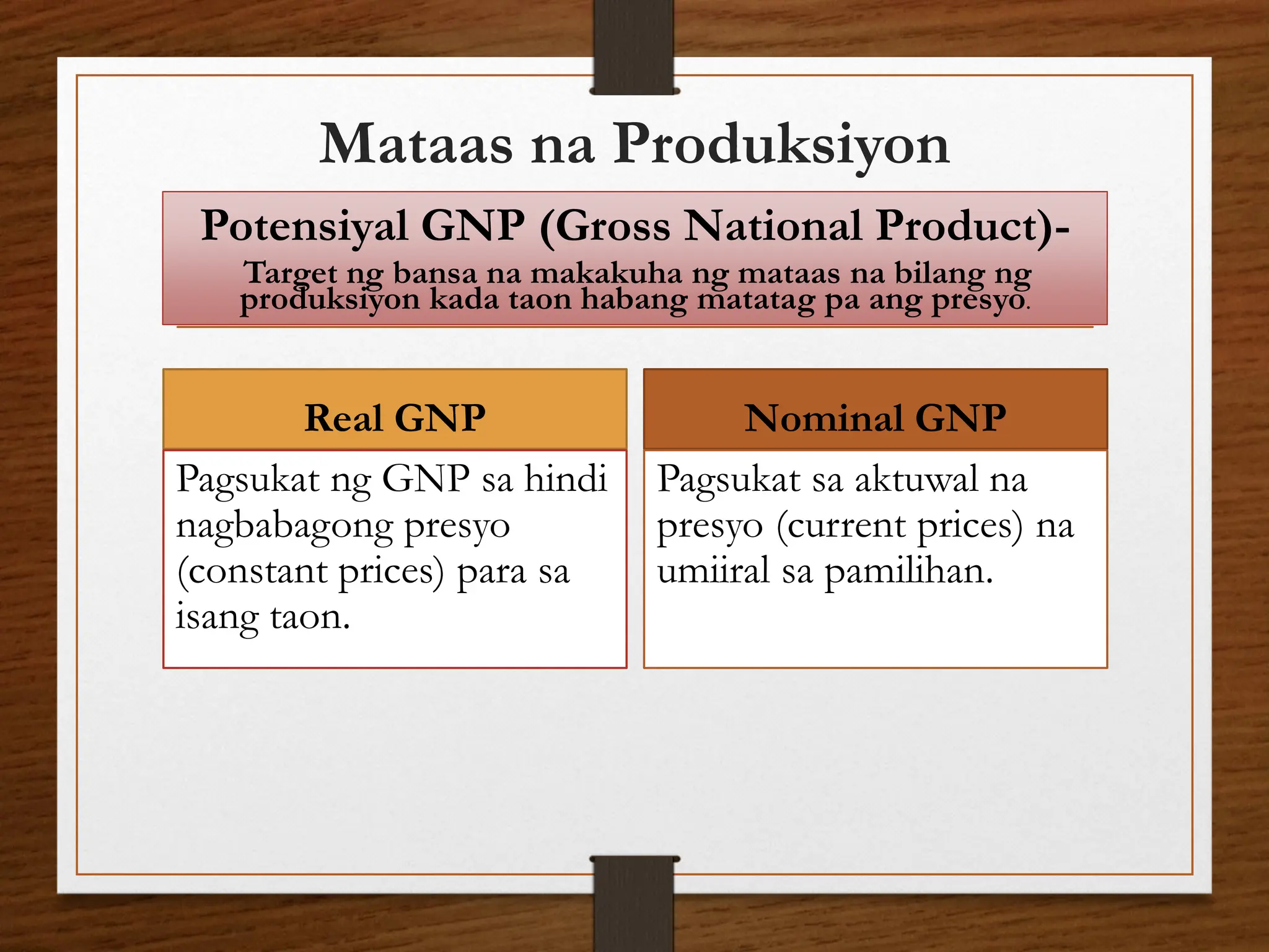 Mataas na Produksiyon
Real GNP
Pagsukat ng GNP sa hindi
nagbabagong presyo
(constant prices) para sa
isang taon.
Nominal GNP
Pagsukat sa aktuwal na
presyo (current prices) na
umiiral sa pamilihan.
Potensiyal GNP (Gross National Product)-
Target ng bansa na makakuha ng mataas na bilang ng
produksiyon kada taon habang matatag pa ang presyo.
 