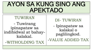AYON SA KUNG SINO ANG
APEKTADO
TUWIRAN
- Tuwirang
ipinapataw sa
indibidwal at bahay-
kalakal.
-WITHOLDING TAX
DI- TUWIRAN
- Ipinapataw sa
kalakal o
paglilingkod.
-VALUE ADDED TAX
 
