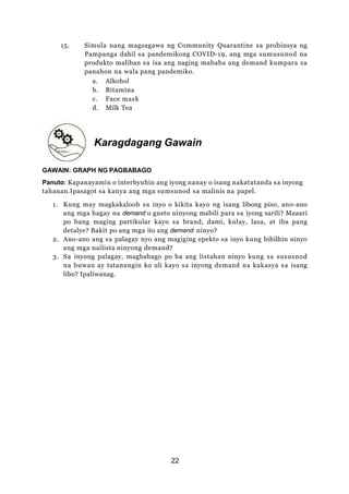 15. Simula nang magsagawa ng Community Quarantine sa probinsya ng
Pampanga dahil sa pandemikong COVID-19, ang mga sumusunod na
produkto maliban sa isa ang naging mababa ang demand kumpara sa
panahon na wala pang pandemiko.
a. Alkohol
b. Bitamina
c. Face mask
d. Milk Tea
Karagdagang Gawain
GAWAIN: GRAPH NG PAGBABAGO
Panuto: Kapanayamin o interbyuhin ang iyong nanay o isang nakatatanda sa inyong
tahanan.Ipasagot sa kanya ang mga sumsunod sa malinis na papel.
1. Kung may magkakaloob sa inyo o kikita kayo ng isang libong piso, ano-ano
ang mga bagay na demand o gusto ninyong mabili para sa iyong sarili? Maaari
po bang maging partikular kayo sa brand, dami, kulay, lasa, at iba pang
detalye? Bakit po ang mga ito ang demand ninyo?
2. Ano-ano ang sa palagay nyo ang magiging epekto sa inyo kung bibilhin ninyo
ang mga nailista ninyong demand?
3. Sa inyong palagay, magbabago po ba ang listahan ninyo kung sa sususnod
na buwan ay tatanungin ko uli kayo sa inyong demand na kakasya sa isang
libo? Ipaliwanag.
22
 
