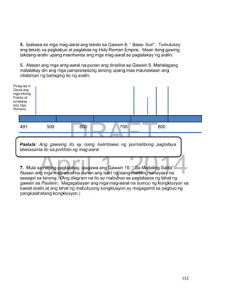 DRAFT
April 1, 2014
112
5. Ipabasa sa mga mag-aaral ang teksto sa Gawain 8- “ Basa- Suri”. Tumutukoy
ang teksto sa pagkabuo at paglakas ng Holy Roman Empire. Maari itong gawing
takdang-aralin upang mainhanda ang mga mag-aaral sa pagtalakay ng aralin.
6. Atasan ang mga amg-aaral na punan ang timeline sa Gawain 9. Mahalagang
matalakay din ang mga pamprosesong tanong upang mas maunawaan ang
nilalaman ng bahaging ito ng aralin.
481 500 600 700 800
7. Mula sa naging pagtalakay, ipagawa ang Gawain 10- “ Sa Madaling Salita”.
Atasan ang mga mag-aaral na punan ang tsart ng isang maikling sanaysay na
sasagot sa tanong. (Ang diagram na ito ay mabubuo sa pagtatapos ng lahat ng
gawain sa Paularin. Magagabayan ang mga mag-aaral na bumuo ng kongklusyon sa
bawat aralin at ang lahat ng mabubuong kongklusyon ay magagamit sa pagbuo ng
pangkalahatang kongklusyon.)
Pinag-isa ni
Clovis ang
mga tribong
Franks at
sinalakay
ang mga
Romano.
Paalala: Ang gawaing ito ay isang halimbawa ng pormatibong pagtataya.
Maisasama ito sa portfolio ng mag-aaral
 