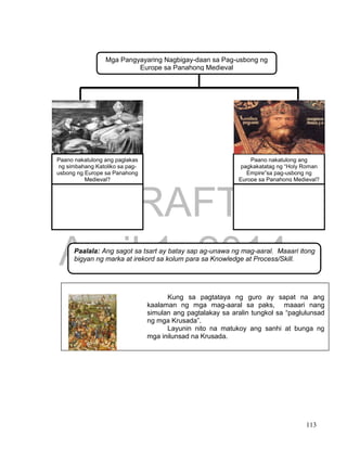 DRAFT
April 1, 2014
113
Kung sa pagtataya ng guro ay sapat na ang
kaalaman ng mga mag-aaral sa paks, maaari nang
simulan ang pagtalakay sa aralin tungkol sa “paglulunsad
ng mga Krusada”.
Layunin nito na matukoy ang sanhi at bunga ng
mga inilunsad na Krusada.
Mga Pangyayaring Nagbigay-daan sa Pag-usbong ng
Europe sa Panahong Medieval
Paano nakatulong ang paglakas
ng simbahang Katoliko sa pag-
usbong ng Europe sa Panahong
Medieval?
Paano nakatulong ang
pagkakatatag ng “Holy Roman
Empire”sa pag-usbong ng
Europe sa Panahong Medieval?
Paalala: Ang sagot sa tsart ay batay sap ag-unawa ng mag-aaral. Maaari itong
bigyan ng marka at irekord sa kolum para sa Knowledge at Process/Skill.
 