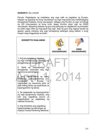 DRAFT
April 1, 2014
155
GAWAIN 9. Oo o HindiI!
Panuto: Pagkatapos ng matalakay ang mga salik sa paglakas ng Europe,
tatayain ng gawaing ito kung naunawaan ng mga mag-aaral ang mahahalagang
konseptong tinalakay. Kung naunawaan, ilalagay ang thumbs up sign sa bahagi
ng OO (naunawaan) at kung hindi, ilagay thumbs down sign sa HINDI
naunawaan. Maaaring ipabasa ng guro ang pahayag na naglalaman ng konsepto
sa aralin bago idikit ng mag-aaral ang sign. Itala ng guro ang naging resulta ng
gawain upang matukoy ang mga konseptong kailangan pang balikan o kung
maaari nang magpatuloy sa aralin.
KONSEPTO/ KAALAMAN
OO
(NAUNAWAAN)
HINDI
(NAUNAWAAN)
1. Ang bourgeoisie ay binubuo
ng mga mamamayang kabilang sa
panggitnang uri ng lipunan.
2. Dahil sa impluwensiya ng
bourgeoisie, nasimulan ang mga
reporma sa pamahalaan.
3. Ang merkantilismo ay isang
sistemang pang-ekonomiya na
lumaganap sa Europe at
naghangad ng maraming ginto at
pilak bilang tanda ng kayamanan at
kapangyarihan ng bansa.
4. Sa pagkawala ng kapangyarihan
ng mga panginoong maylupa, ang
hari ang nagsilbing pinuno at
nagpatingkad sa pagtatatag ng
national monarchy.
5. Ang simbahan ang nagsilbing
tagapangalaga ng kalinangan sa
imperyo noong Panahong Medieval.
 