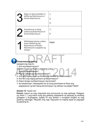 DRAFT
April 1, 2014
161
3
1.
2.
3.
2
1.
2.
1
Sagot:
Pamprosesong tanong
Ipasagot ang mga ito:
1. Ano ang Repormasyon?
2. Bakit iniugat kay Martin Luther ang unang
yugto ng Repormasyon?
3. Paano lumaganap ang Repormasyon?
4. Ano ang naging sagot ng Simbahang Katoliko sa Repormasyon?
5. Ano-ano ang naging pamana ng Repormasyon?
6. Paano binago ng Repormasyon ang Europe?
7. Sa kasalukuyan, nakaaapekto ba sa iyong paniniwala sa Diyos ang
pagkakaroon ng iba’t ibang denominasyon ng relihiyon sa paligid? Bakit?
Gawain 12. Tayain mo!
Panuto: Ipasuri sa mga mag-aaral ang sumusunod na mga pahayag. Palagyan
ng check ( / ) ang kolum kung ang gawaing nakapaloob sa pahayag ay kanilang
ginagawa o di-ginagawa. Ipatala rin ang dahilan o mungkahi tungkol sa mga
gawaing nabanggit. Hikayatin ang mga mag-aaral na maging tapat sa pagsagot
sa gawaing ito.
Bagay na aking natutuhan sa
dahilan ng Repormasyon at
Kontra-Repormasyon
Kontribusyon na aking
nalaman ng Repormasyon at
Kontra-Repormasyon
Mahalagang tanong sa paksa:
Paano nakatulong ang
Repormasyon at Kontra-
Repormasyon sa paglakas ng
Europe?
 