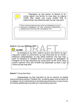 DRAFT
April 1, 2014
26
Aralin 2: Ang mga Sinaunang Tao
ALAMIN
Gawain 1. Kung Ikaw Kaya …
Ipagpapalagay ng mga mag-aaral na sila ay nabuhay sa daigdig
noong sinaunang panahon. Papipiliin sila ng tatlong bagay mula sa kahon na
sa palagay nila ay makatutulong sa kanilang pang-araw-araw na pamumuhay
at kanilang ipaliliwanag kung bakit iyon ang kanilang mga pinili.
Sa bahaging ito ng aralin, aalamin ng guro ang iskema ng mga
mag-aaral tungkol sa pamumuhay ng mga sinaunang tao sa mundo.
Malayang makapagbibigay ng mga dating kaalaman ang mga mag-
aaral sa bahaging ito sapagkat lahat ng kasagutan ay tatanggapin.
Pasagutin din sa mga mag-aaral ang unang kolum ng IRF Chart, isang
graphic organizer kung saan itinatala ang pagbabago ng ideya o pag-
unawa ng mga mag-aaral.
Pagkatapos ng mga gawain sa Modyul na ito,
muling sagutin ang tanong na nasa itaas ng bagong
Graffiti Wall. Ipaskil ang unang Graffitti Wall at
paghambingin ang dalawang sagot ng mga mag-aaral.
Paano maipamamalas ang pag-unawa sa kahalagahan ng mga
pamanang ipinagkaloob ng mga sinaunang kabihasnang
nagtagumpay sa hamong dulot ng kapaligiran nito?
 