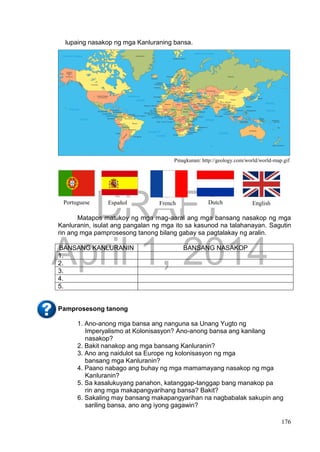 DRAFT
April 1, 2014
176
lupaing nasakop ng mga Kanluraning bansa.
Pinagkunan: http://geology.com/world/world-map.gif
Matapos matukoy ng mga mag-aaral ang mga bansang nasakop ng mga
Kanluranin, isulat ang pangalan ng mga ito sa kasunod na talahanayan. Sagutin
rin ang mga pamprosesong tanong bilang gabay sa pagtalakay ng aralin.
BANSANG KANLURANIN BANSANG NASAKOP
1.
2.
3.
4.
5.
Pamprosesong tanong
1. Ano-anong mga bansa ang nanguna sa Unang Yugto ng
Imperyalismo at Kolonisasyon? Ano-anong bansa ang kanilang
nasakop?
2. Bakit nanakop ang mga bansang Kanluranin?
3. Ano ang naidulot sa Europe ng kolonisasyon ng mga
bansang mga Kanluranin?
4. Paano nabago ang buhay ng mga mamamayang nasakop ng mga
Kanluranin?
5. Sa kasalukuyang panahon, katanggap-tanggap bang manakop pa
rin ang mga makapangyarihang bansa? Bakit?
6. Sakaling may bansang makapangyarihan na nagbabalak sakupin ang
sariling bansa, ano ang iyong gagawin?
Portuguese French Dutch EnglishEspañol
 