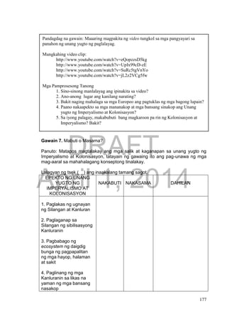 DRAFT
April 1, 2014
177
Gawain 7. Mabuti o Masama?
Panuto: Matapos magtalakay ang mga salik at kaganapan sa unang yugto ng
Imperyalismo at Kolonisasyon, tatayain ng gawaing ito ang pag-unawa ng mga
mag-aaral sa mahahalagang konseptong tinalakay.
Lalagyan ng tsek ( ) ang inaakalang tamang sagot.
EPEKTO NG UNANG
YUGTO NG
IMPERYALISMO AT
KOLONISASYON
NAKABUTI NAKASAMA DAHILAN
1. Paglakas ng ugnayan
ng Silangan at Kanluran
2. Paglaganap sa
Silangan ng sibilisasyong
Kanluranin
3. Pagbabago ng
ecosystem ng daigdig
bunga ng pagpapalitan
ng mga hayop, halaman
at sakit
4. Paglinang ng mga
Kanluranin sa likas na
yaman ng mga bansang
nasakop
Pandagdag na gawain: Maaaring magpakita ng video tungkol sa mga pangyayari sa
panahon ng unang yugto ng paglalayag.
Mungkahing video clip:
http://www.youtube.com/watch?v=eQopzzsD5kg
http://www.youtube.com/watch?v=UpIx99cD-zE
http://www.youtube.com/watch?v=SuRc5tgVnYo
http://www.youtube.com/watch?v=jL2z2VCg5fw
Mga Pamprosesong Tanong
1. Sino-sinong manlalayag ang ipinakita sa video?
2. Ano-anong lugar ang kanilang narating?
3. Bakit naging mahalaga sa mga Europeo ang pagtuklas ng mga bagong lupain?
4. Paano nakaapekto sa mga mananakop at mga bansang sinakop ang Unang
yugto ng Imperyalismo at Kolonisasyon?
5. Sa iyong palagay, makabubuti bang magkaroon pa rin ng Kolonisasyon at
Imperyalismo? Bakit?
 