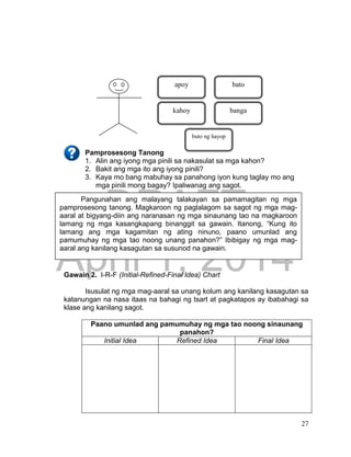 DRAFT
April 1, 2014
27
Pamprosesong Tanong
1. Alin ang iyong mga pinili sa nakasulat sa mga kahon?
2. Bakit ang mga ito ang iyong pinili?
3. Kaya mo bang mabuhay sa panahong iyon kung taglay mo ang
mga pinili mong bagay? Ipaliwanag ang sagot.
Gawain 2. I-R-F (Initial-Refined-Final Idea) Chart
Isusulat ng mga mag-aaral sa unang kolum ang kanilang kasagutan sa
katanungan na nasa itaas na bahagi ng tsart at pagkatapos ay ibabahagi sa
klase ang kanilang sagot.
Paano umunlad ang pamumuhay ng mga tao noong sinaunang
panahon?
Initial Idea Refined Idea Final Idea
apoy bato
kahoy banga
buto ng hayop
Pangunahan ang malayang talakayan sa pamamagitan ng mga
pamprosesong tanong. Magkaroon ng paglalagom sa sagot ng mga mag-
aaral at bigyang-diin ang naranasan ng mga sinaunang tao na magkaroon
lamang ng mga kasangkapang binanggit sa gawain. Itanong, “Kung ito
lamang ang mga kagamitan ng ating ninuno, paano umunlad ang
pamumuhay ng mga tao noong unang panahon?” Ibibigay ng mga mag-
aaral ang kanilang kasagutan sa susunod na gawain.
 