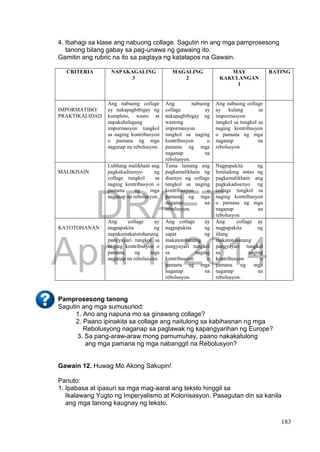 DRAFT
April 1, 2014
183
4. Ibahagi sa klase ang nabuong collage. Sagutin rin ang mga pamprosesong
tanong bilang gabay sa pag-unawa ng gawaing ito.
Gamitin ang rubric na ito sa pagtaya ng katatapos na Gawain.
CRITERIA NAPAKAGALING
3
MAGALING
2
MAY
KAKULANGAN
1
RATING
IMPORMATIBO/
PRAKTIKALIDAD
Ang nabuong collage
ay nakapagbibigay ng
kumpleto, wasto at
napakahalagang
impormasyon tungkol
sa naging kontribusyon
o pamana ng mga
naganap na rebolusyon.
Ang nabuong
collage ay
nakapagbibigay ng
wastong
impormasyon
tungkol sa naging
kontribusyon o
pamana ng mga
naganap na
rebolusyon.
Ang nabuong collage
ay kulang sa
impormasyon
tungkol sa tungkol sa
naging kontribusyon
o pamana ng mga
naganap na
rebolusyon.
MALIKHAIN
Lubhang malikhain ang
pagkakadisenyo ng
collage tungkol sa
naging kontribusyon o
pamana ng mga
naganap na rebolusyon.
Tama lamang ang
pagkamalikhain ng
disenyo ng collage
tungkol sa naging
kontribusyon o
pamana ng mga
naganap na
rebolusyon.
Nagpapakita ng
limitadong antas ng
pagkamalikhain ang
pagkakadisenyo ng
collage tungkol sa
naging kontribusyon
o pamana ng mga
naganap na
rebolusyon
KATOTOHANAN
Ang collage ay
nagpapakita ng
napakamakatotohanang
pangyayari tungkol sa
naging kontribusyon o
pamana ng mga
naganap na rebolusyon.
Ang collage ay
nagpapakita ng
sapat ng
makatotohanang
pangyayari tungkol
sa naging
kontribusyon o
pamana ng mga
naganap na
rebolusyon.
Ang collage ay
nagpapakita ng
iilang
makatotohanang
pangyayari tungkol
sa naging
kontribusyon o
pamana ng mga
naganap na
rebolusyon.
Pamprosesong tanong
Sagutin ang mga sumusunod:
1. Ano ang napuna mo sa ginawang collage?
2. Paano ipinakita sa collage ang naitulong sa kabihasnan ng mga
Rebolusyong naganap sa paglawak ng kapangyarihan ng Europe?
3. Sa pang-araw-araw mong pamumuhay, paano nakakatulong
ang mga pamana ng mga nabanggit na Rebolusyon?
Gawain 12. Huwag Mo Akong Sakupin!
Panuto:
1. Ipabasa at ipasuri sa mga mag-aaral ang teksto hinggil sa
Ikalawang Yugto ng Imperyalismo at Kolonisasyon. Pasagutan din sa kanila
ang mga tanong kaugnay ng teksto.
 