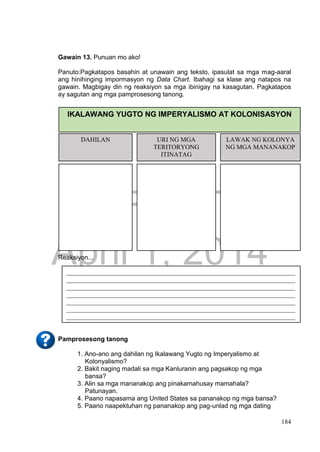 DRAFT
April 1, 2014
184
Gawain 13. Punuan mo ako!
Panuto:Pagkatapos basahin at unawain ang teksto, ipasulat sa mga mag-aaral
ang hinihinging impormasyon ng Data Chart. Ibahagi sa klase ang natapos na
gawain. Magbigay din ng reaksiyon sa mga ibinigay na kasagutan. Pagkatapos
ay sagutan ang mga pamprosesong tanong.
Reaksiyon...
Pamprosesong tanong
1. Ano-ano ang dahilan ng Ikalawang Yugto ng Imperyalismo at
Kolonyalismo?
2. Bakit naging madali sa mga Kanluranin ang pagsakop ng mga
bansa?
3. Alin sa mga mananakop ang pinakamahusay mamahala?
Patunayan.
4. Paano napasama ang United States sa pananakop ng mga bansa?
5. Paano naapektuhan ng pananakop ang pag-unlad ng mga dating
IKALAWANG YUGTO NG IMPERYALISMO AT KOLONISASYON
DAHILAN URI NG MGA
TERITORYONG
ITINATAG
LAWAK NG KOLONYA
NG MGA MANANAKOP
_______________________________________________________________________
_______________________________________________________________________
_______________________________________________________________________
_______________________________________________________________________
_______________________________________________________________________
_______________________________________________________________________
_______________________________________________________________________
 