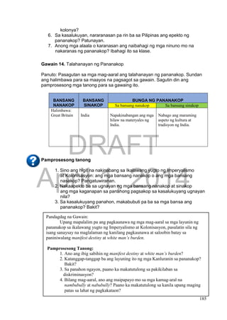 DRAFT
April 1, 2014
185
kolonya?
6. Sa kasalukuyan, nararanasan pa rin ba sa Pilipinas ang epekto ng
pananakop? Patunayan.
7. Anong mga alaala o karanasan ang naibahagi ng mga ninuno mo na
nakaranas ng pananakop? Ibahagi ito sa klase.
Gawain 14. Talahanayan ng Pananakop
Panuto: Pasagutan sa mga mag-aaral ang talahanayan ng pananakop. Sundan
ang halimbawa para sa maayos na pagsagot sa gawain. Sagutin din ang
pamprosesong mga tanong para sa gawaing ito.
BANSANG
NANAKOP
BANSANG
SINAKOP
BUNGA NG PANANAKOP
Sa bansang nanakop Sa bansang sinakop
Halimbawa:
Great Britain India Napakinabangan ang mga
hilaw na materyales ng
India.
Nabago ang maraming
aspeto ng kultura at
tradisyon ng India.
Pamprosesong tanong
1. Sino ang higit na nakinabang sa Ikalawang yugto ng Imperyalismo
at Kolonisasyon: ang mga bansang nanakop o ang mga bansang
nasakop? Pangatuwiranan.
2. Nakaapekto ba sa ugnayan ng mga bansang nanakop at sinakop
ang mga kaganapan sa panahong pagsakop sa kasalukuyang ugnayan
nila?
3. Sa kasalukuyang panahon, makabubuti pa ba sa mga bansa ang
pananakop? Bakit?
Pandagdag na Gawain:
Upang mapalalim pa ang pagkaunawa ng mga mag-aaral sa mga layunin ng
pananakop sa ikalawang yugto ng Imperyalismo at Kolonisasyon, pasulatin sila ng
isang sanaysay na maglalaman ng kanilang pagkaunawa at saloobin batay sa
paniniwalang manifest destiny at white man’s burden.
Pamprosesong Tanong:
1. Ano ang ibig sabihin ng manifest destiny at white man’s burden?
2. Katanggap-tanggap ba ang layuning ito ng mga Kanluranin sa pananakop?
Bakit?
3. Sa panahon ngayon, paano ka makatutulong sa pakikilaban sa
diskriminasyon?
4. Bilang mag-aaral, ano ang maipapayo mo sa mga kamag-aral na
nambubully at nabubully? Paano ka makatutulong sa kanila upang maging
patas sa lahat ng pagkakataon?
 