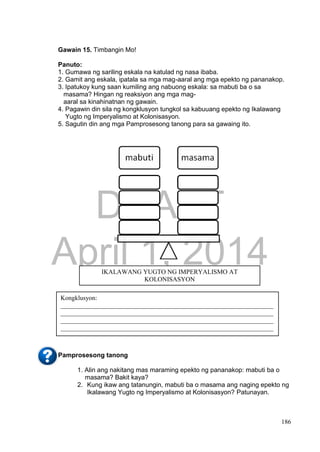 DRAFT
April 1, 2014
186
Gawain 15. Timbangin Mo!
Panuto:
1. Gumawa ng sariling eskala na katulad ng nasa ibaba.
2. Gamit ang eskala, ipatala sa mga mag-aaral ang mga epekto ng pananakop.
3. Ipatukoy kung saan kumiling ang nabuong eskala: sa mabuti ba o sa
masama? Hingan ng reaksiyon ang mga mag-
aaral sa kinahinatnan ng gawain.
4. Pagawin din sila ng kongklusyon tungkol sa kabuuang epekto ng Ikalawang
Yugto ng Imperyalismo at Kolonisasyon.
5. Sagutin din ang mga Pamprosesong tanong para sa gawaing ito.
Pamprosesong tanong
1. Alin ang nakitang mas maraming epekto ng pananakop: mabuti ba o
masama? Bakit kaya?
2. Kung ikaw ang tatanungin, mabuti ba o masama ang naging epekto ng
Ikalawang Yugto ng Imperyalismo at Kolonisasyon? Patunayan.
IKALAWANG YUGTO NG IMPERYALISMO AT
KOLONISASYON
Kongklusyon:
__________________________________________________________________
__________________________________________________________________
__________________________________________________________________
__________________________________________________________________
 