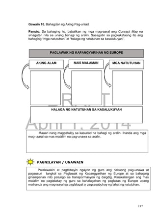 DRAFT
April 1, 2014
187
Gawain 16. Bahagdan ng Aking Pag-unlad
Panuto: Sa bahaging ito, babalikan ng mga mag-aaral ang Concept Map na
sinagutan nila sa unang bahagi ng aralin. Sasagutin sa pagkakataong ito ang
bahaging “mga natutuhan” at “halaga ng natutuhan sa kasalukuyan”.
PAGNILAYAN / UNAWAIN
PAGLAWAK NG KAPANGYARIHAN NG EUROPE
AKING ALAM
HALAGA NG NATUTUHAN SA KASALUKUYAN
NAIS MALAMAN MGA NATUTUHAN
Maaari nang magpatuloy sa kasunod na bahagi ng aralin. Ihanda ang mga
mag- aaral sa mas malalim na pag-unawa sa aralin.
Palalawakin at pagtitibayin ngayon ng guro ang nabuong pag-unawa at
pagsusuri tungkol sa Paglawak ng Kapangyarihan ng Europe at sa bahaging
ginampanan nito patungo sa transpormasyon ng daigdig. Kinakailangan ang mas
malalim na pagtalakay ng guro sa kahalagahan ng paglakas ng Europe upang
maihanda ang mag-aaral sa paglalapat o pagsasabuhay ng lahat ng natutuhan.
 