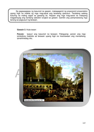 DRAFT
April 1, 2014
197
Sa pagsasagawa ng kasunod na gawain, makagagamit ng powerpoint presentation
upang higit na makita ng mga mag-aaral ang larawang ipasusuri. Tandaang walang
ituturing na maling sagot sa gawaing ito. Hayaan ang mga mag-aaral na malayang
magpahayag ang kanilang saloobin tungkol sa gawain. Gamitin ang pamprosesong mga
tanong sa pagsusuri ng larawan.
Gawain 3. Hula-rawan
Panuto: Ipasuri ang kasunod na larawan. Pabigyang- pansin ang mga
simbolong makikita sa larawan upang higit na maunawaan ang mensaheng
ipinahihiwatig nito.
 