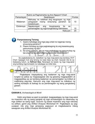 DRAFT
April 1, 2014
32
Rubric sa Pagmamarka ng Ano Ngayon? Chart
Pamantayan Deskripsyon Puntos
Nilalaman
Mahusay na nailahad ang kaugnayan ng mga
pangyayari noong sinaunang panahon sa
kasalukuyan.
10
Ebidensya Napatunayan ang kaugnayang ito sa
pamamagitan ng mga kongkretong halimbawa. 10
Kabuuan 20
Pamprosesong Tanong
1. Gaano kahalaga ang mga pag-unlad na naganap noong
sinaunang panahon?
2. Paano hinubog ng mga pagbabagong ito ang kasalukuyang
pamumuhay ng tao?
3. Sa iyong palagay, alin sa mga pagbabago sa pamumuhay ng
tao ang may pinakamalaking epekto sa kasalukuyan?
PAGNILAYAN/UNAWAIN
GAWAIN 6. Archaeologist at Work!
Hatiin ang klase sa apat na pangkat. Ipagpapalagay ng mga mag-aaral
na miyembro sila ng isang pangkat ng mga archaeologist na nakahukay ng
mga artifact sa isang lugar. Susuriin ng bawat miyembro ang mga nahukay
na artifact, gamit ang Artifact Analysis Worksheet #1. Pagkatapos ay pag-
uusapan nila ang mga ginawang pagsusuri at magkakasama nilang
sasagutan ang Artifact Analysis Worksheet #2.
Sa pagkakataong ito, babalikan ng mga mag-aaral ang kanilang I-R-F
Chart. Ipasagot muli ang tanong na nasa itaas ng chart. Isusulat nila ito sa
ikalawang kolum, sa Refined Idea. Nararapat na iwasto ng mga mag-aaral
ang kanilang mga konsepto na nakalagay sa initial idea.
Pagkatapos mapayabong ang kaalaman ng mga mag-aaral
tungkol sa paksa ay magsasagawa sila ng gawaing magpapalalim at
magpapatibay pa sa kanilang kaalaman sa pamamagitan ng kritikal at
malikhaing pag-iisip. Hamunin ang mga mag-aaral na makabuo ng
sariling konsepto at ibahagi ito sa pamamagitan ng isang pangkatang
gawain.
 