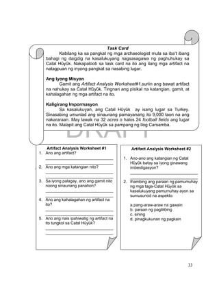 DRAFT
April 1, 2014
33
Artifact Analysis Worksheet #1
1. Ano ang artifact?
______________________________
______________________________
2. Ano ang mga katangian nito?
______________________________
______________________________
3. Sa iyong palagay, ano ang gamit nito
noong sinaunang panahon?
______________________________
______________________________
4. Ano ang kahalagahan ng artifact na
ito?
______________________________
______________________________
5. Ano ang nais ipahiwatig ng artifact na
ito tungkol sa Catal Hȕyȕk?
______________________________
______________________________
_____________
Task Card
Kabilang ka sa pangkat ng mga archaeologist mula sa iba’t ibang
bahagi ng daigdig na kasalukuyang nagsasagawa ng paghuhukay sa
Catal Hȕyȕk. Nakapaloob sa task card na ito ang ilang mga artifact na
natagpuan ng inyong pangkat sa nasabing lugar.
Ang Iyong Misyon
Gamit ang Artifact Analysis Worksheet#1,suriin ang bawat artifact
na nahukay sa Catal Hȕyȕk. Tingnan ang pisikal na katangian, gamit, at
kahalagahan ng mga artifact na ito.
Kaligirang Impormasyon
Sa kasalukuyan, ang Catal Hȕyȕk ay isang lugar sa Turkey.
Sinasabing umunlad ang sinaunang pamayanang ito 9,000 taon na ang
nakararaan. May lawak na 32 acres o halos 24 football fields ang lugar
na ito. Malapit ang Catal Hȕyȕk sa pampang ng Ilog Carsamba.
Artifact Analysis Worksheet #2
1. Ano-ano ang katangian ng Catal
Hȕyȕk batay sa iyong ginawang
imbestigasyon?
______________________________
______________________________
2. Ihambing ang paraan ng pamumuhay
ng mga taga-Catal Hȕyȕk sa
kasalukuyang pamumuhay ayon sa
sumusunod na aspekto:
a.pang-araw-araw na gawain
b. paraan ng paglilibing
c. sining
d. pinagkukunan ng pagkain
 