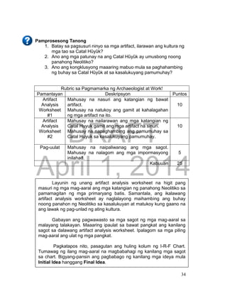 DRAFT
April 1, 2014
34
Pamprosesong Tanong
1. Batay sa pagsusuri ninyo sa mga artifact, ilarawan ang kultura ng
mga tao sa Catal Hȕyȕk?
2. Ano ang mga patunay na ang Catal Hȕyȕk ay umusbong noong
panahong Neolitiko?
3. Ano ang kongklusyong maaaring mabuo mula sa paghahambing
ng buhay sa Catal Hȕyȕk at sa kasalukuyang pamumuhay?
Rubric sa Pagmamarka ng Archaeologist at Work!
Pamantayan Deskripsyon Puntos
Artifact
Analysis
Worksheet
#1
Mahusay na nasuri ang katangian ng bawat
artifact.
Mahusay na natukoy ang gamit at kahalagahan
ng mga artifact na ito.
10
Artifact
Analysis
Worksheet
#2
Mahusay na nailarawan ang mga katangian ng
Catal Huyuk gamit ang mga artifact na sinuri.
Mahusay na napaghambing ang pamumuhay sa
Catal Huyuk sa kasalukuyang pamumuhay.
10
Pag-uulat Mahusay na naipaliwanag ang mga sagot.
Mahusay na nalagom ang mga impormasyong
inilahad.
5
Kabuuan 25
Layunin ng unang artifact analysis worksheet na higit pang
masuri ng mga mag-aaral ang mga katangian ng panahong Neolitiko sa
pamamagitan ng mga primaryang batis. Samantala, ang ikalawang
artifact analysis worksheet ay naglalayong maihambing ang buhay
noong panahon ng Neolitiko sa kasalukuyan at matukoy kung gaano na
ang lawak ng pag-unlad ng ating kultura.
Gabayan ang pagwawasto sa mga sagot ng mga mag-aaral sa
malayang talakayan. Maaaring ipaulat sa bawat pangkat ang kanilang
sagot sa dalawang artifact analysis worksheet. Ipalagom sa mga piling
mag-aaral ang ulat ng mga pangkat.
Pagkatapos nito, pasagutan ang huling kolum ng I-R-F Chart.
Tumawag ng ilang mag-aaral na magbabahagi ng kanilang mga sagot
sa chart. Bigyang-pansin ang pagbabago ng kanilang mga ideya mula
Initial Idea hanggang Final Idea.
 
