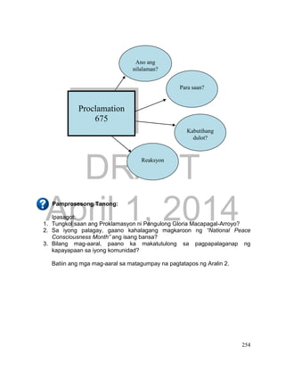 DRAFT
April 1, 2014
254
Pamprosesong Tanong:
Ipasagot:
1. Tungkol saan ang Proklamasyon ni Pangulong Gloria Macapagal-Arroyo?
2. Sa iyong palagay, gaano kahalagang magkaroon ng “National Peace
Consciousness Month” ang isang bansa?
3. Bilang mag-aaral, paano ka makatutulong sa pagpapalaganap ng
kapayapaan sa iyong komunidad?
Batiin ang mga mag-aaral sa matagumpay na pagtatapos ng Aralin 2.
Ano ang
nilalaman?
Para saan?
Proclamation
675
Kabutihang
dulot?
Reaksyon
 