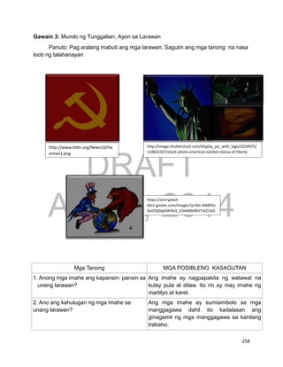 DRAFT
April 1, 2014
258
Gawain 3: Mundo ng Tunggalian, Ayon sa Larawan
Panuto: Pag aralang mabuti ang mga larawan. Sagutin ang mga tanong na nasa
loob ng talahanayan
Mga Tanong MGA POSIBLENG KASAGUTAN
1. Anong mga imahe ang kapansin- pansin sa
unang larawan?
Ang imahe ay nagpapakita ng watawat na
kulay pula at dilaw. Ito rin ay may imahe ng
martilyo at karet.
2. Ano ang kahulugan ng mga imahe sa
unang larawan?
Ang mga imahe ay sumisimbolo sa mga
manggagawa dahil ito kadalasan ang
ginagamit ng mga manggagawa sa kanilang
trabaho.
http://www.tldm.org/News10/Ha
mmer3.png
http://image.shutterstock.com/display_pic_with_logo/1024975/
110632307/stock-photo-american-symbol-statue-of-liberty-
110632307.jpg-
https://encrypted-
tbn1.gstatic.com/images?q=tbn:ANd9Gc
QvOOjDjqEMr0x3_V5hANSi9kV7LkZJ1kS
6Xx5SDghVNWXkwI8n-
 