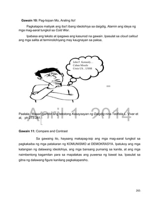 DRAFT
April 1, 2014
265
Gawain 10: Pag-Isipan Mo, Araling Ito!
Pagkatapos matiyak ang iba’t ibang ideolohiya sa daigdig, Alamin ang ideya ng
mga mag-aaral tungkol sa Cold War.
Ipabasa ang teksto at ipagawa ang kasunod na gawain .Ipasulat sa cloud callout
ang mga salita at terminolohiyang may kaugnayan sa paksa.
Paalala: Maaari gamitin ang tekstong Kasaysayan ng Daigdig nina Teofista L. Vivar et
al, ph 273-281.
Gawain 11: Compare and Contrast
Sa gawaing ito, hayaang makapag-isip ang mga mag-aaral tungkol sa
pagkakaiba ng mga patakaran ng KOMUNISMO at DEMOKRASYA. Ipatukoy ang mga
katangian ng dalawang ideolohiya, ang mga bansang pumanig sa kanila, at ang mga
naimbentong kagamitan para sa mapalakas ang puwersa ng bawat isa. Ipasulat sa
gitna ng dalawang figure kanilang pagkakapareho.
GAWAIN BILANG 8
John F. Kennedy…
Cuban Missile
Crisis US…USSR
 