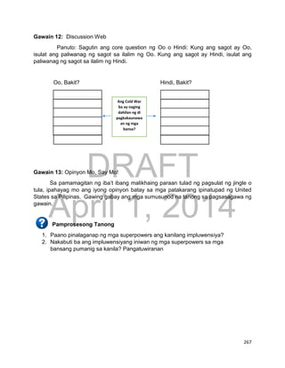 DRAFT
April 1, 2014
267
Gawain 12: Discussion Web
Panuto: Sagutin ang core question ng Oo o Hindi: Kung ang sagot ay Oo,
isulat ang paliwanag ng sagot sa ilalim ng Oo. Kung ang sagot ay Hindi, isulat ang
paliwanag ng sagot sa ilalim ng Hindi.
Oo, Bakit? Hindi, Bakit?
Gawain 13: Opinyon Mo, Say Mo!
Sa pamamagitan ng iba’t ibang malikhaing paraan tulad ng pagsulat ng jingle o
tula, ipahayag mo ang iyong opinyon batay sa mga patakarang ipinatupad ng United
States sa Pilipinas. Gawing gabay ang mga sumusunod na tanong sa pagsasagawa ng
gawain.
Pamprosesong Tanong
1. Paano pinalaganap ng mga superpowers ang kanilang impluwensiya?
2. Nakabuti ba ang impluwensiyang iniwan ng mga superpowers sa mga
bansang pumanig sa kanila? Pangatuwiranan
Ang Cold War
ba ay naging
dahilan ng di
pagkakaunawa
an ng mga
bansa?
 