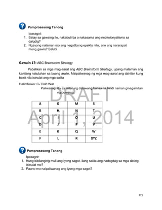 DRAFT
April 1, 2014
271
Pamprosesong Tanong
Ipasagot:
1. Batay sa gawaing ito, nakabuti ba o nakasama ang neokolonyalismo sa
daigdig?
2. Ngayong nalaman mo ang negatibong epekto nito, ano ang nararapat
mong gawin? Bakit?
Gawain 17: ABC Brainstorm Strategy
Pabalikan sa mga mag-aaral ang ABC Brainstorm Strategy, upang malaman ang
kanilang natutuhan sa buong aralin. Maipaliwanag ng mga mag-aaral ang dahilan kung
bakit nila isinulat ang mga salita
Halimbawa: C- Cold War
Paliwanag: Ito ay alitan ng dalawang bansa na hindi naman ginagamitan
ng puwersa.
A G M S
B H N T
C I O U
D J P V
E K Q W
F L R XYZ
Pamprosesong Tanong
Ipasagot:
1. Kung bibilanging muli ang iyong sagot, ilang salita ang nadagdag sa mga dating
isinulat mo?
2. Paano mo naipaliwanag ang iyong mga sagot?
 