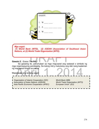 DRAFT
April 1, 2014
278
Gawain 2: Guess The Flag!
Sa gawaing ito, pahuhulaan sa mga mag-aaral ang watawat o simbolo ng
mga organisasyong pandaigdig. Sa tulong nito’y matutukoy ang dati nang kaalaman
ng mag-aaral hinggil sa paksa.
Mapipili rito ang tamang sagot:
SAGOT:
1. W ____ ____
2. A ____ ____ ____ ____
3. W ____ ____
Organization of Islamic Cooperation (OIC) World Bank (WB)
Association of Asian Nations (ASEAN) World Trade Organization (WTO)
Asia Pacific Economic Cooperation (APEC) European Union (EU)
Mga sagot:
(1) World Bank (WTO), (2) ASEAN (Association of Southeast Asian
Nations, at (3) World Trade Organization (WTO).
 