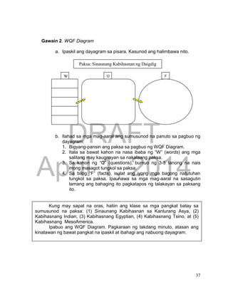 DRAFT
April 1, 2014
37
Gawain 2. WQF Diagram
a. Ipaskil ang dayagram sa pisara. Kasunod ang halimbawa nito.
b. Ilahad sa mga mag-aaral ang sumusunod na panuto sa pagbuo ng
dayagram:
1. Bigyang-pansin ang paksa sa pagbuo ng WQF Diagram.
2. Itala sa bawat kahon na nasa ibaba ng “W” (words) ang mga
salitang may kaugnayan sa nakalaang paksa.
3. Sa kahon ng “Q” (questions), bumuo ng 3-5 tanong na nais
mong masagot tungkol sa paksa.
4. Sa bilog “F” (facts), isulat ang iyong mga bagong natutuhan
tungkol sa paksa. Ipaunawa sa mga mag-aaral na sasagutin
lamang ang bahaging ito pagkatapos ng talakayan sa paksang
ito.
W Q F
Paksa: Sinaunang Kabihasnan ng Daigdig
Kung may sapat na oras, hatiin ang klase sa mga pangkat batay sa
sumusunod na paksa: (1) Sinaunang Kabihasnan sa Kanlurang Asya, (2)
Kabihasnang Indian, (3) Kabihasnang Egyptian, (4) Kabihasnang Tsino, at (5)
Kabihasnang MesoAmerica.
Ipabuo ang WQF Diagram. Pagkaraan ng takdang minuto, atasan ang
kinatawan ng bawat pangkat na ipaskil at ibahagi ang nabuong dayagram.
 