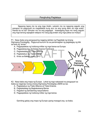 DRAFT
April 1, 2014
296
P1. Nasa ibaba ang pangyayaring nagging dahilan ng Pagsiklab ng Unang
Digmaang Pandaigdig. Pagsunud-sunurin ito sa pamamagitan ng paglalagay ng titik
sa loob ng “arrow”.
A. Pagpapalakas ng hukbong-militar ng mga bansa sa Europa
B. Pagpaslang kay Archduke Francis Ferdinand
C. Pagkakatatag ng Triple Alliance
D. Pagkakabuo ng Triple Entente
E. Krisis sa Balkan noong 1913
K2. Nasa baba ang mapa ng Europe. Lahat ng mga nakasaad na pangyayari sa
ibaba ay naganap noong Unang Digmaang Pandaigdig LIBAN sa isa:
A. Pagkakabuo ng Triple Alliance at Triple Entente.
B. Pagkakatatag ng Nagkakaisang Bansa
C. Pagsibol ng damdaming nasyonalismo
D. Pagpapalakas ng hukbong militar ng mga bansa.
Gamiting gabay ang mapa ng Europe upang masagot ang sa ibaba.
Ngayong tapos mo na ang mga Aralin, subukin mo na ngayong sagutin ang
panapos na pagsusulit na magtatakda kung ano na ang iyong alam sa mga aralin.
Handa ka na ba? Simulan mo na ang pagsagot. Inaasagang kaya mo nang sagutin
ang mga tanong sapagkat natapos mo nang pag-aralan ang mga paksa sa modyul.
Unang
Digmaang
Pandaigdig
A
Panghuling Pagtataya
 